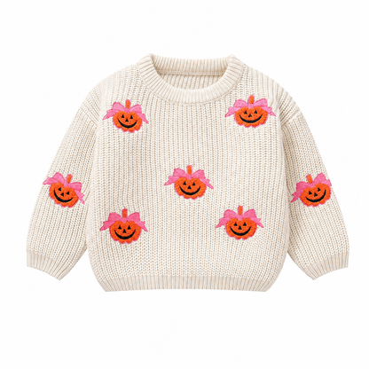 Cream girls sweater with pumpkin embroidery front view