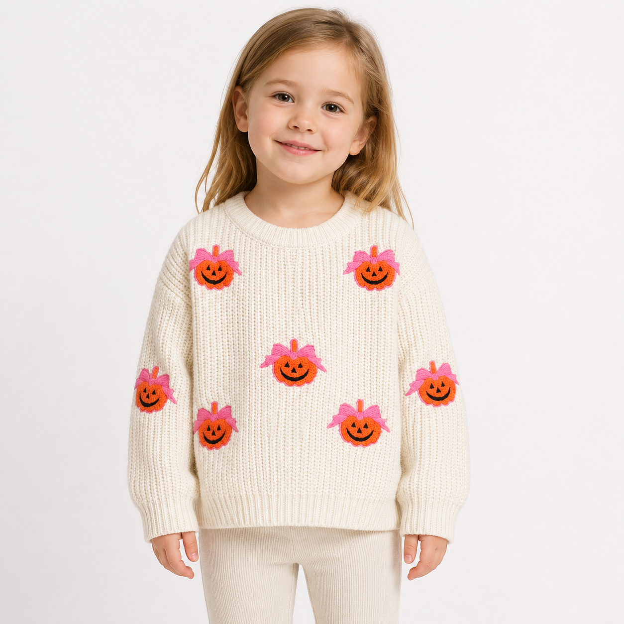 Toddler girl wearing a pumpkin embroidery knit sweater