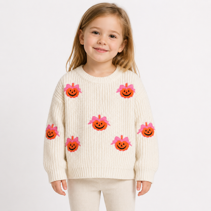 Toddler girl wearing a pumpkin embroidery knit sweater