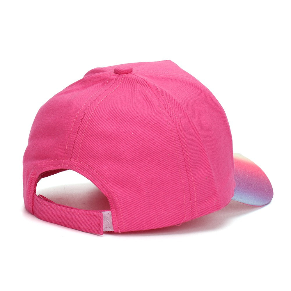 Back view of hot pink Rainbow Heart Baseball Cap with adjustable strap.