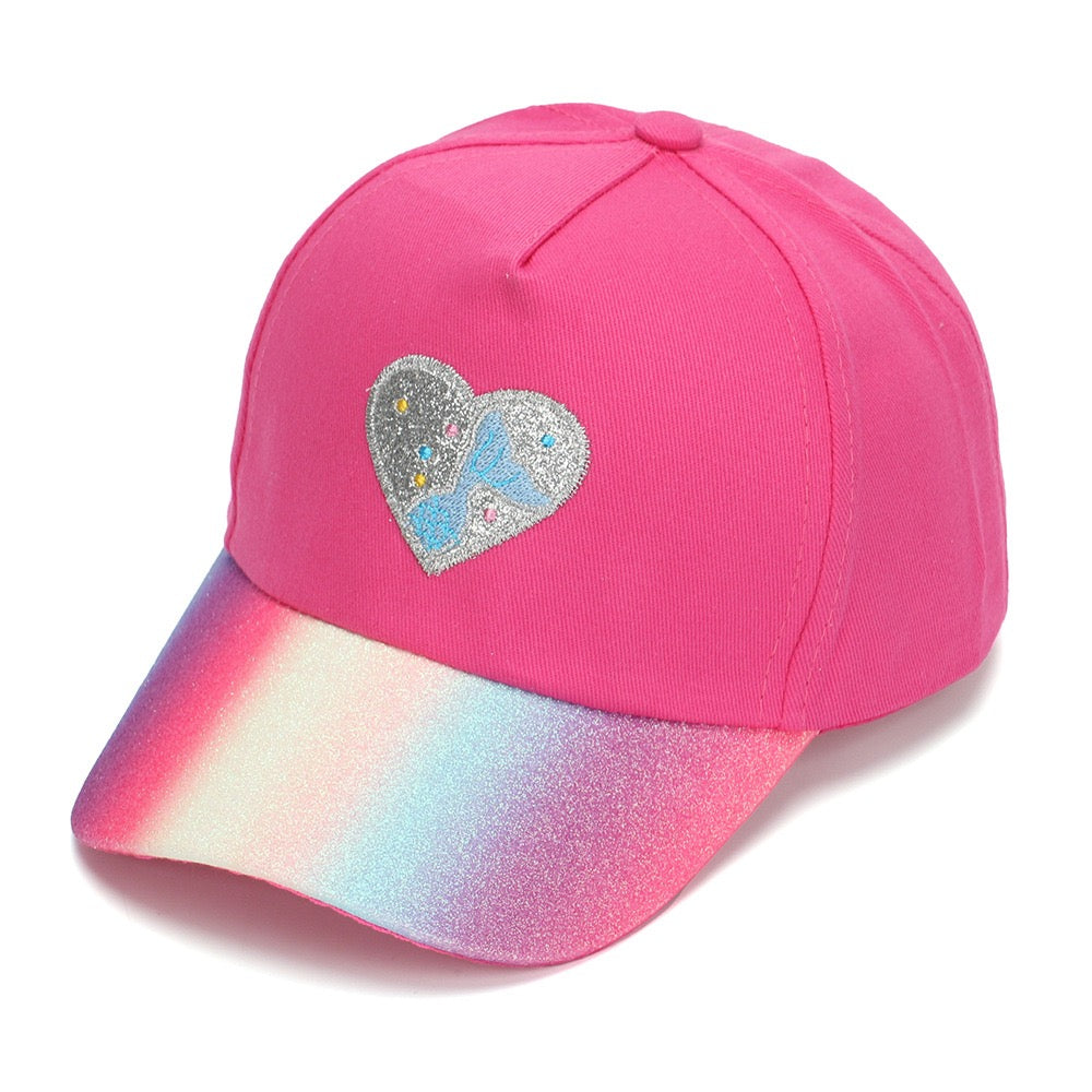 Hot pink Rainbow Heart Baseball Cap with glitter heart patch and rainbow brim.