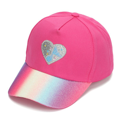Hot pink Rainbow Heart Baseball Cap with glitter heart patch and rainbow brim.