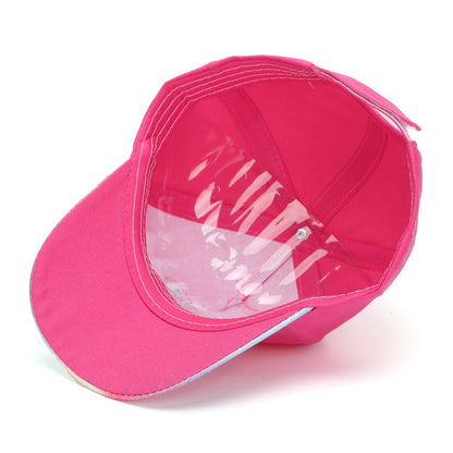 Inside detail of hot pink Rainbow Heart Baseball Cap with structured crown and curved brim.