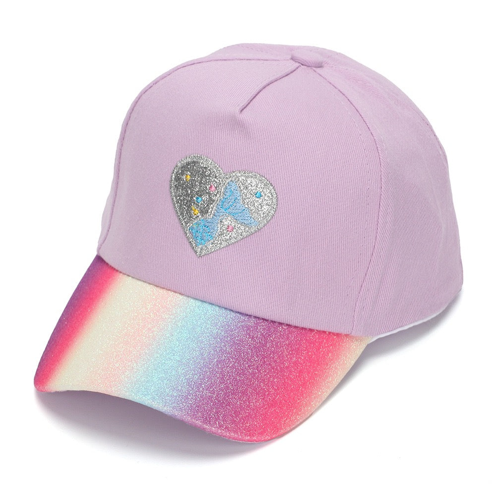 Lavender Rainbow Heart Baseball Cap with colorful glitter brim and heart patch.