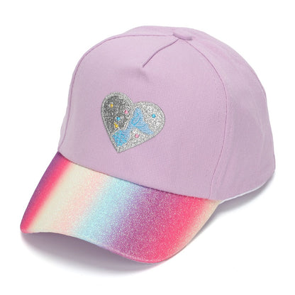 Lavender Rainbow Heart Baseball Cap with colorful glitter brim and heart patch.