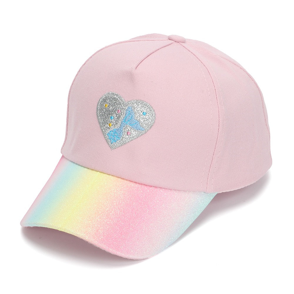 Pink Rainbow Heart Baseball Cap with glitter rainbow brim and heart patch.