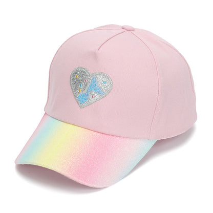 Pink Rainbow Heart Baseball Cap with glitter rainbow brim and heart patch.