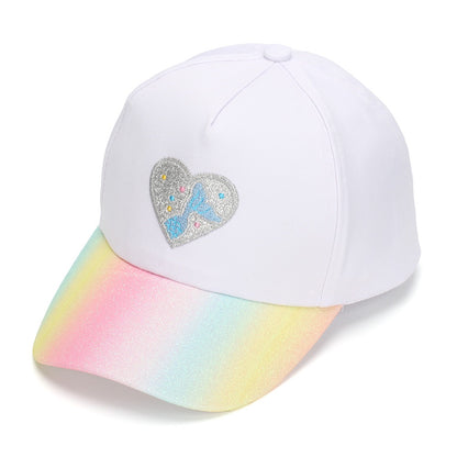 White Rainbow Heart Baseball Cap with pastel glitter rainbow brim and heart patch.