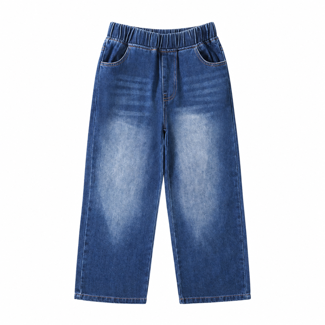 Front flat lay of medium blue kids relaxed pull-on jeans with elastic waist and front pockets.