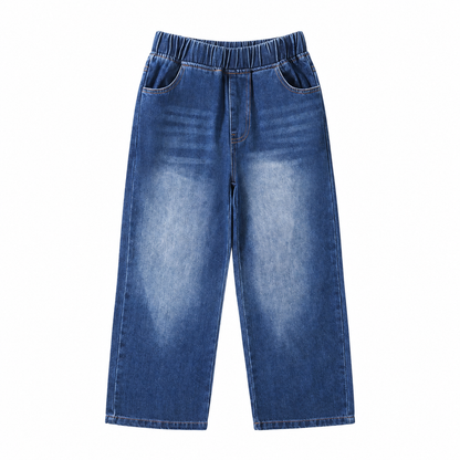 Front flat lay of medium blue kids relaxed pull-on jeans with elastic waist and front pockets.