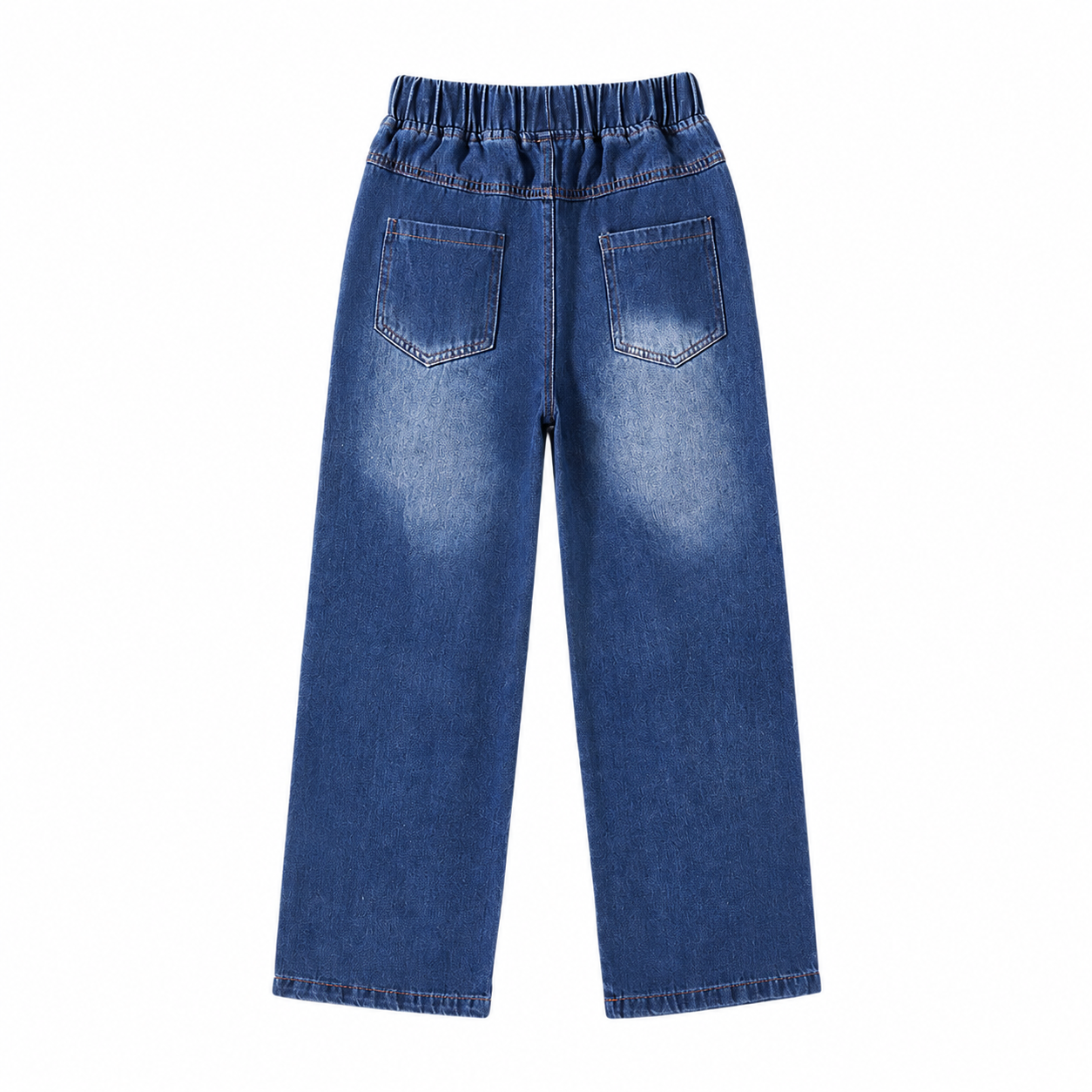 Back flat lay of medium blue kids jeans with elastic waist and two back patch pockets.