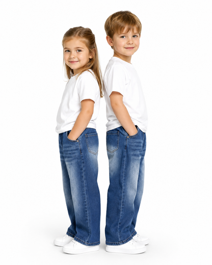 Kids models wearing the medium blue relaxed pull-on jeans with simple white tops.