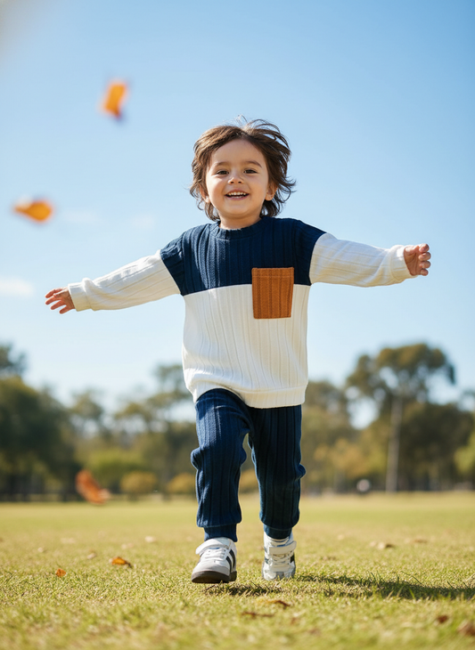 Child wearing the blue Rowan kids sweater and jogger set outdoors