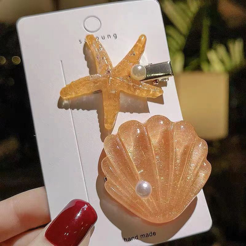 Orange Seaside Pearl Hair Clip Set with glitter shell, starfish clip, and pearl accents.