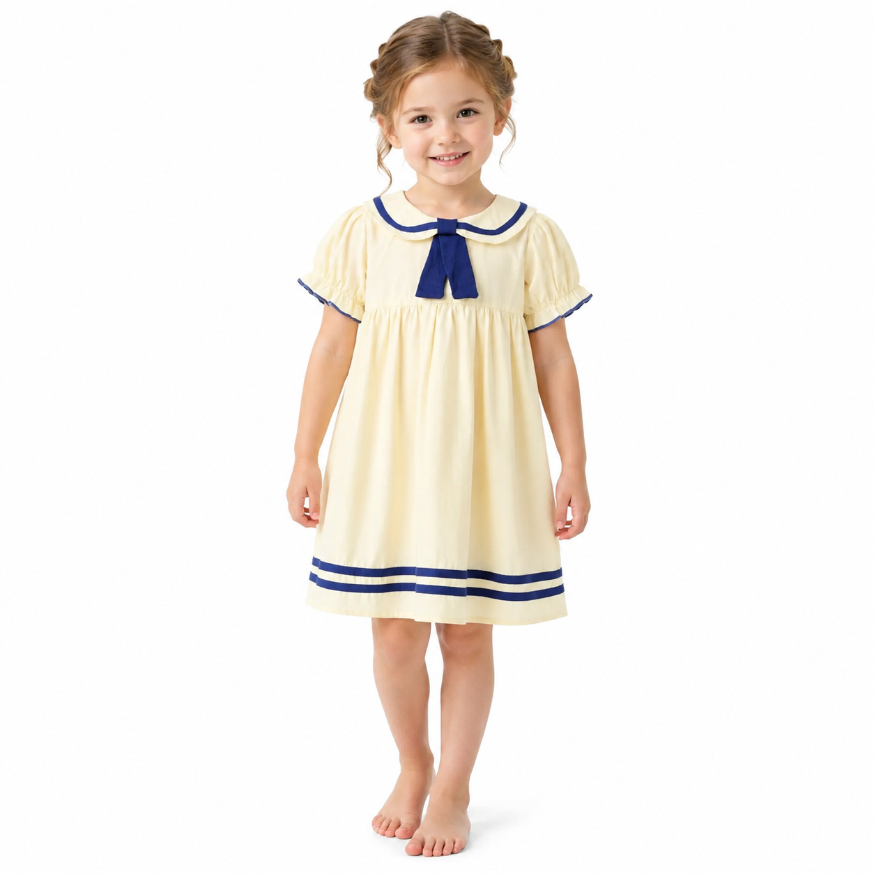 Girl model wearing the ivory and navy cotton sailor collar dress.