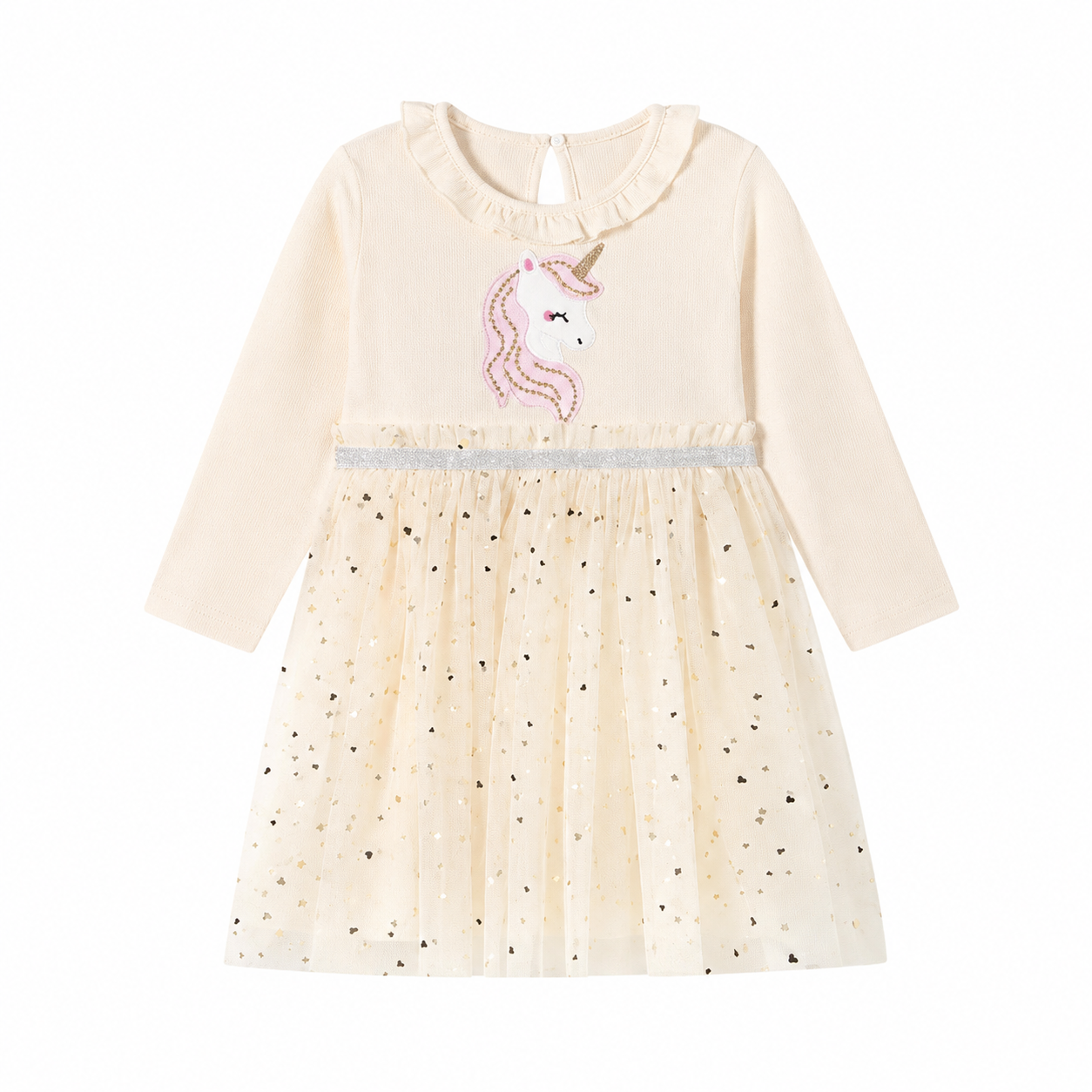 Front flat lay of the ivory girls unicorn long sleeve tulle dress.
