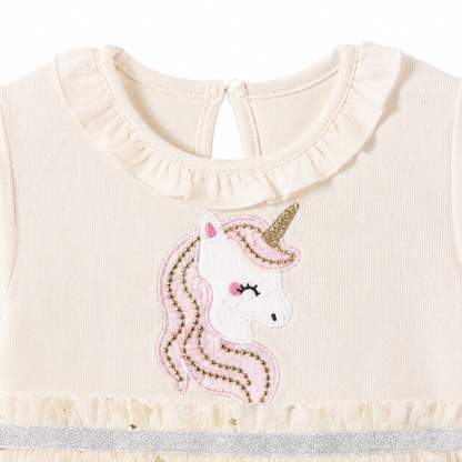 Close-up of the unicorn applique detail on the bodice.