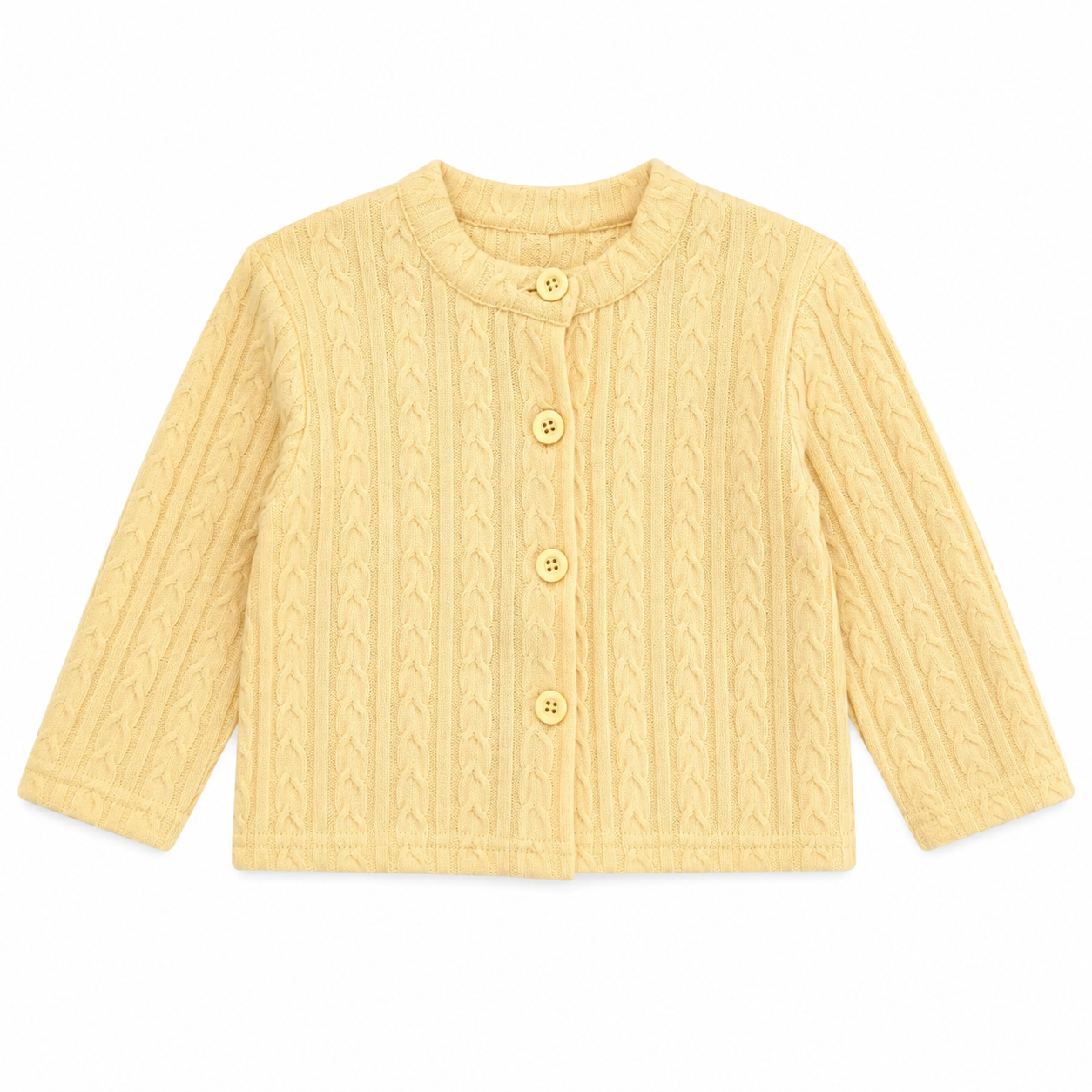 Front flat lay of the Butter Yellow girls cotton cable-knit cardigan.