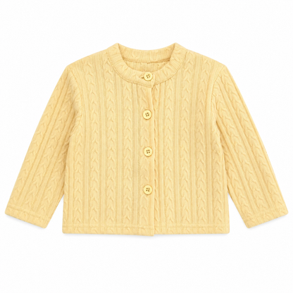 Front flat lay of the Butter Yellow girls cotton cable-knit cardigan.