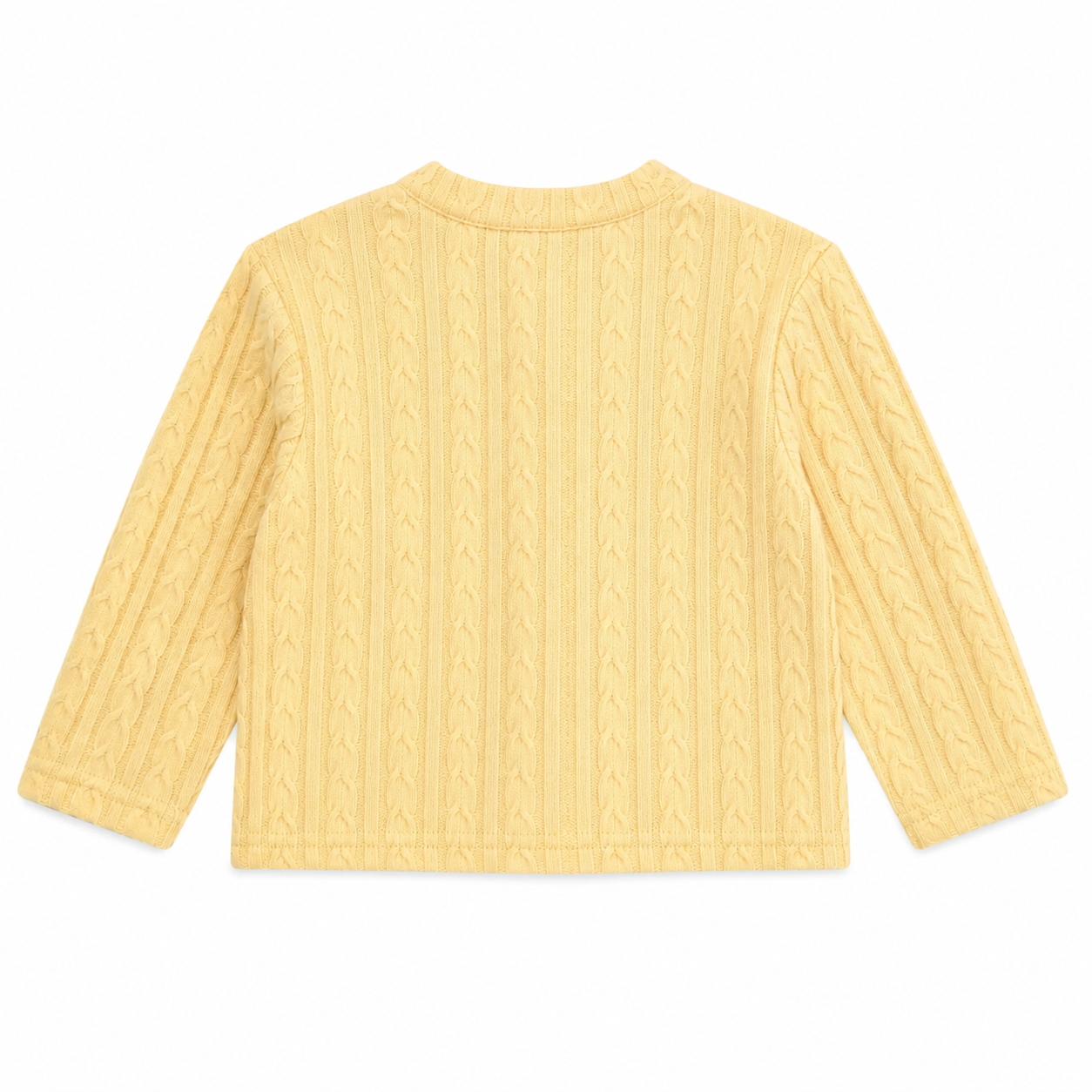 Back flat lay of the Butter Yellow girls cable-knit cardigan.