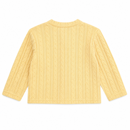Back flat lay of the Butter Yellow girls cable-knit cardigan.