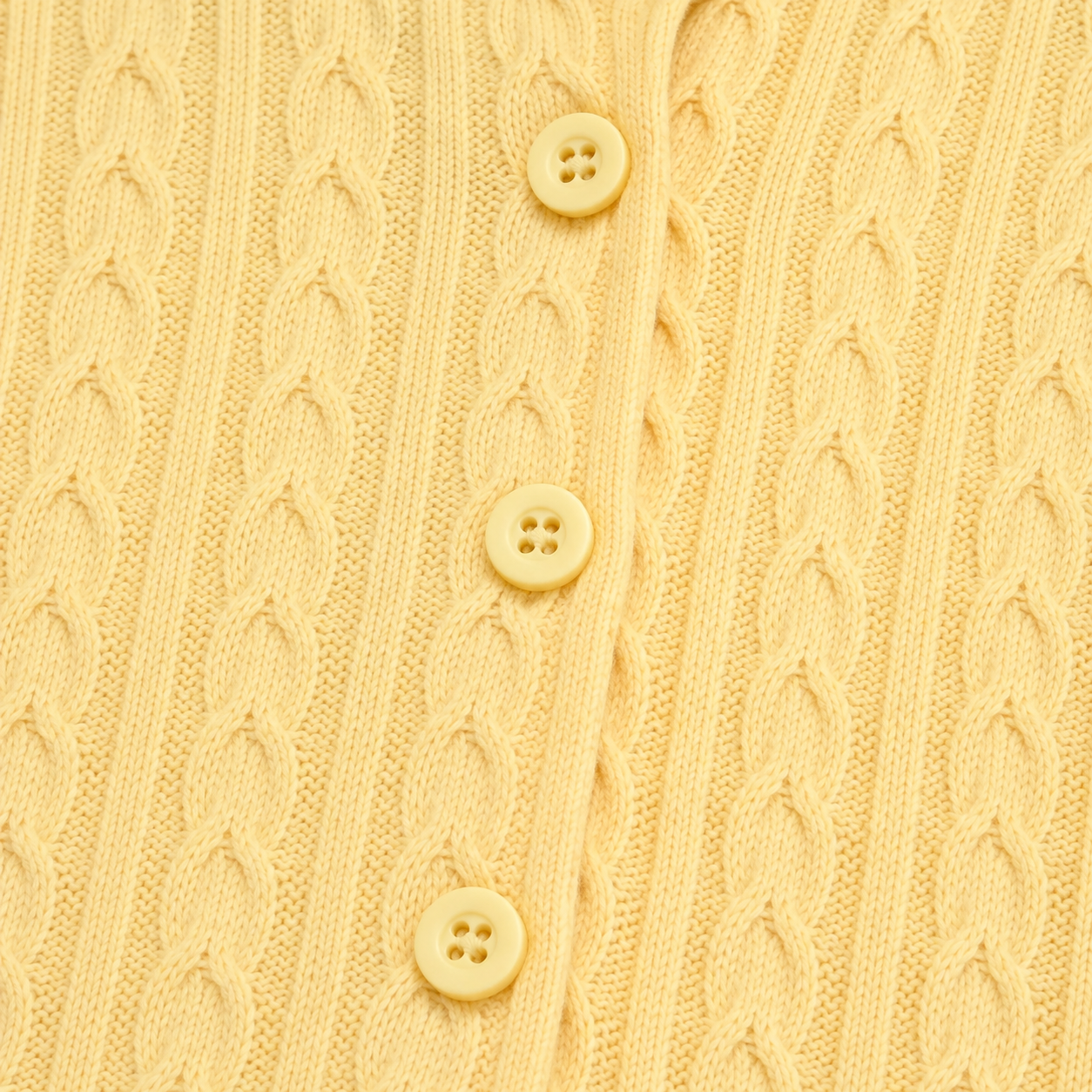 Close-up of the cable-knit pattern and front buttons on the Butter Yellow cardigan.