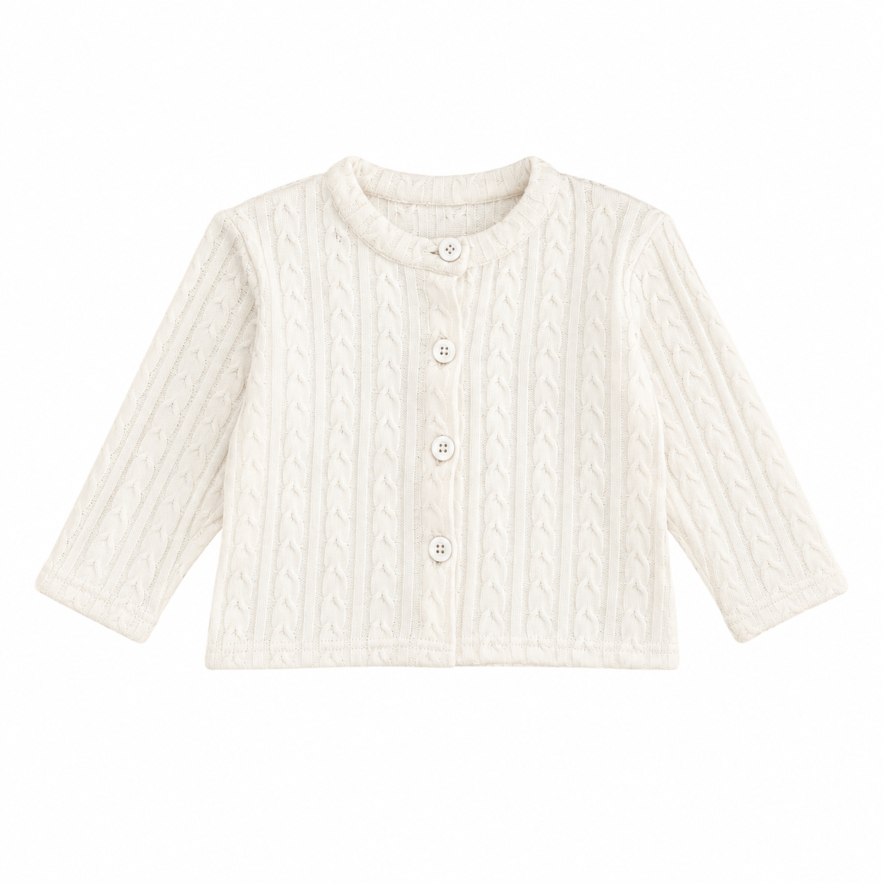 Front flat lay of the Ivory girls cotton cable-knit cardigan.