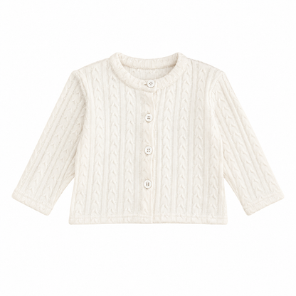 Front flat lay of the Ivory girls cotton cable-knit cardigan.
