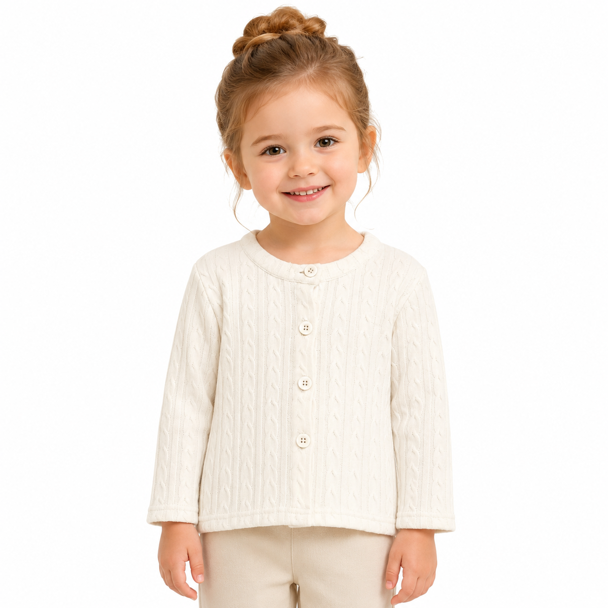 Girl model wearing the Ivory cotton cable-knit cardigan.