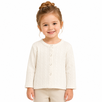 Girl model wearing the Ivory cotton cable-knit cardigan.
