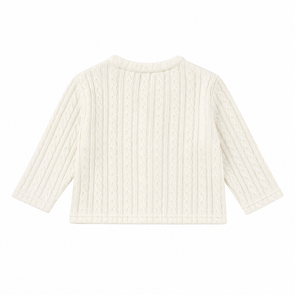 Back flat lay of the Ivory girls cable-knit cardigan.