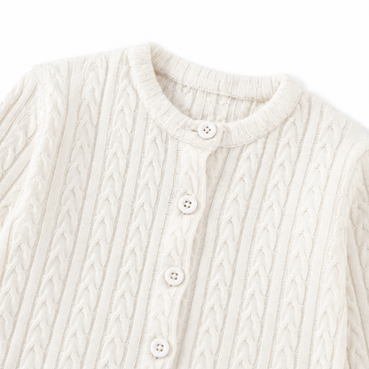 Close-up of the cable-knit pattern and front buttons on the Ivory cardigan.