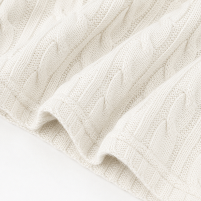 Close-up of the cable-knit cotton texture on the Ivory cardigan.