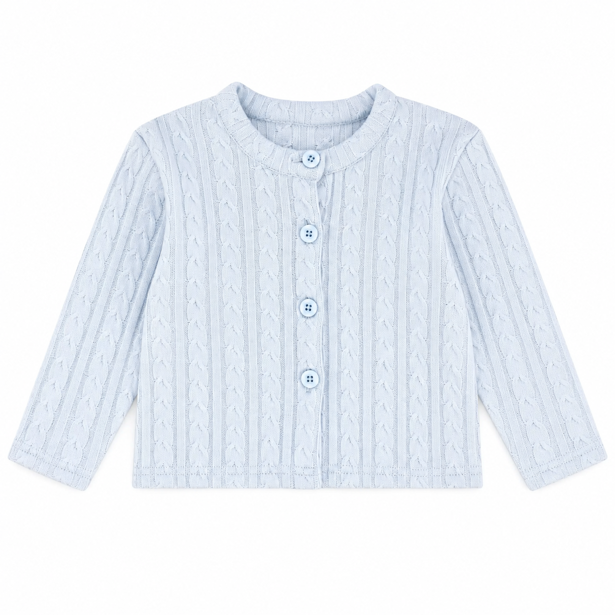 Front flat lay of the light blue girls cotton cable-knit cardigan.