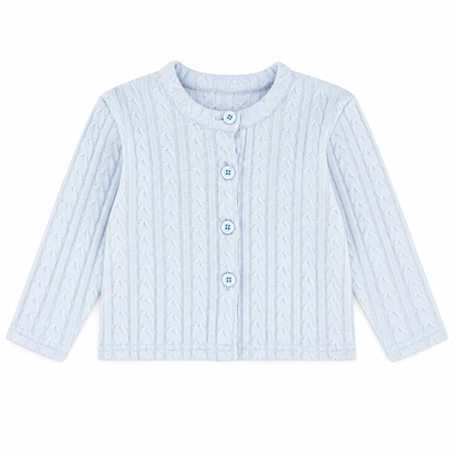 Front flat lay of the light blue girls cotton cable-knit cardigan.