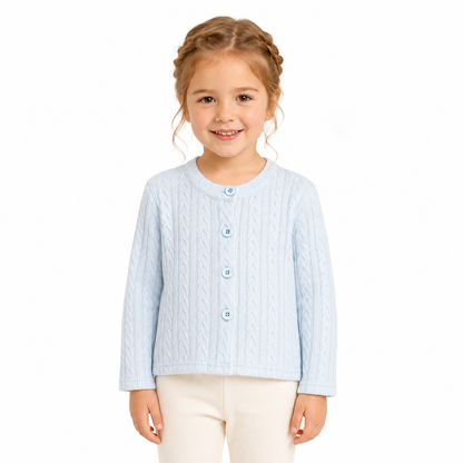 Girl model wearing the light blue cotton cable-knit cardigan.