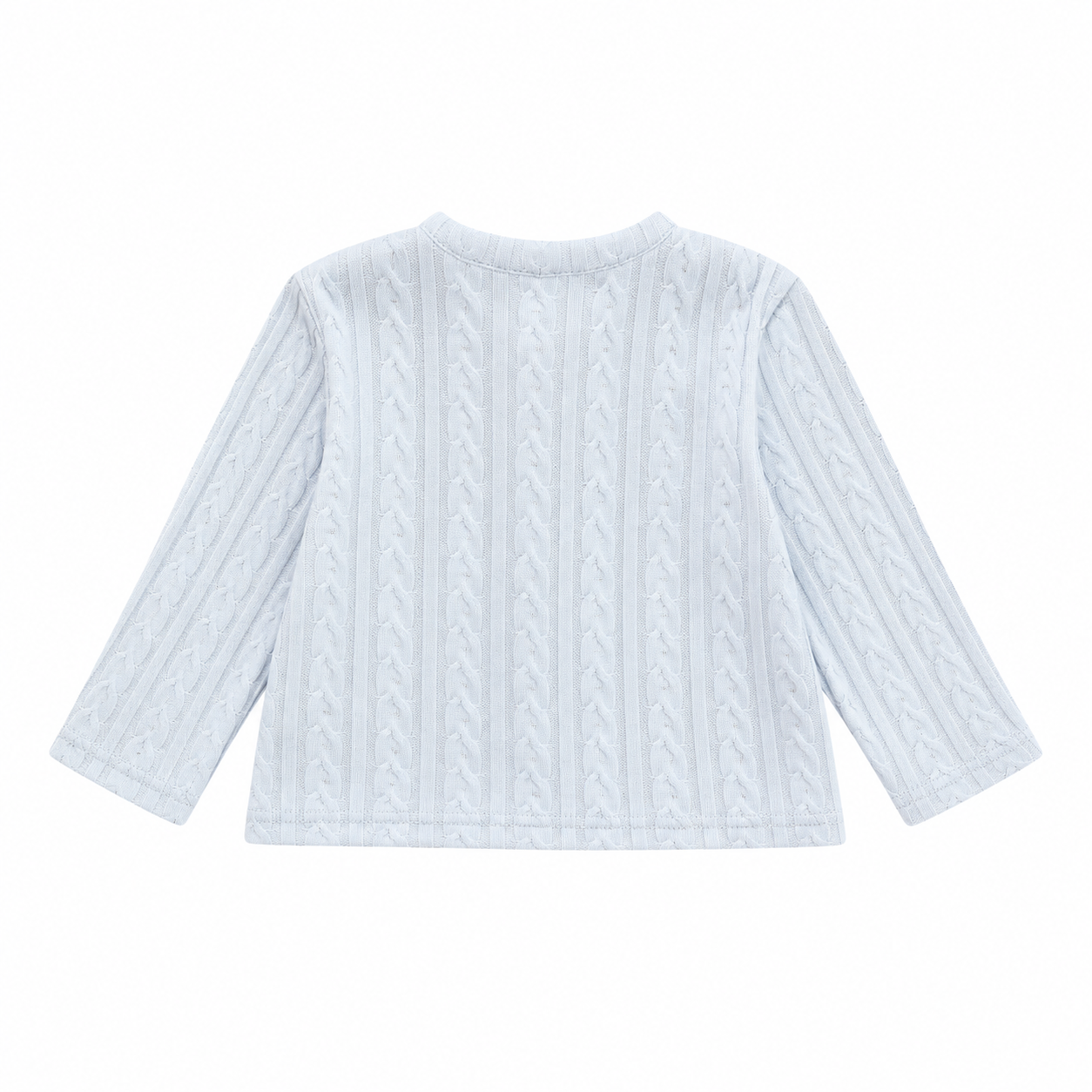 Back flat lay of the light blue girls cable-knit cardigan.