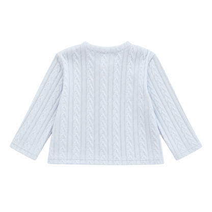 Back flat lay of the light blue girls cable-knit cardigan.
