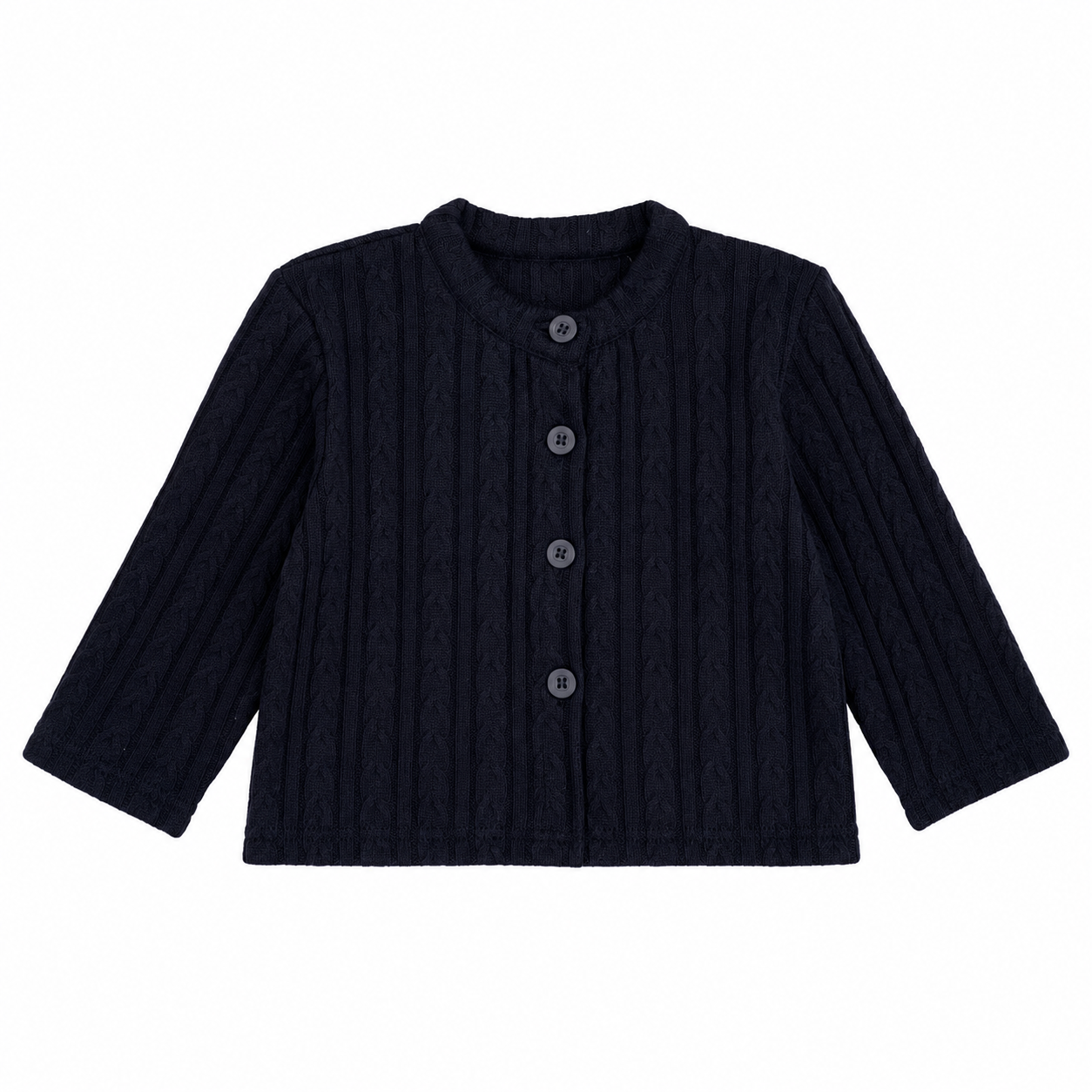 Front flat lay of the Navy girls cotton cable-knit cardigan.
