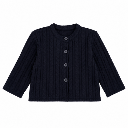 Front flat lay of the Navy girls cotton cable-knit cardigan.