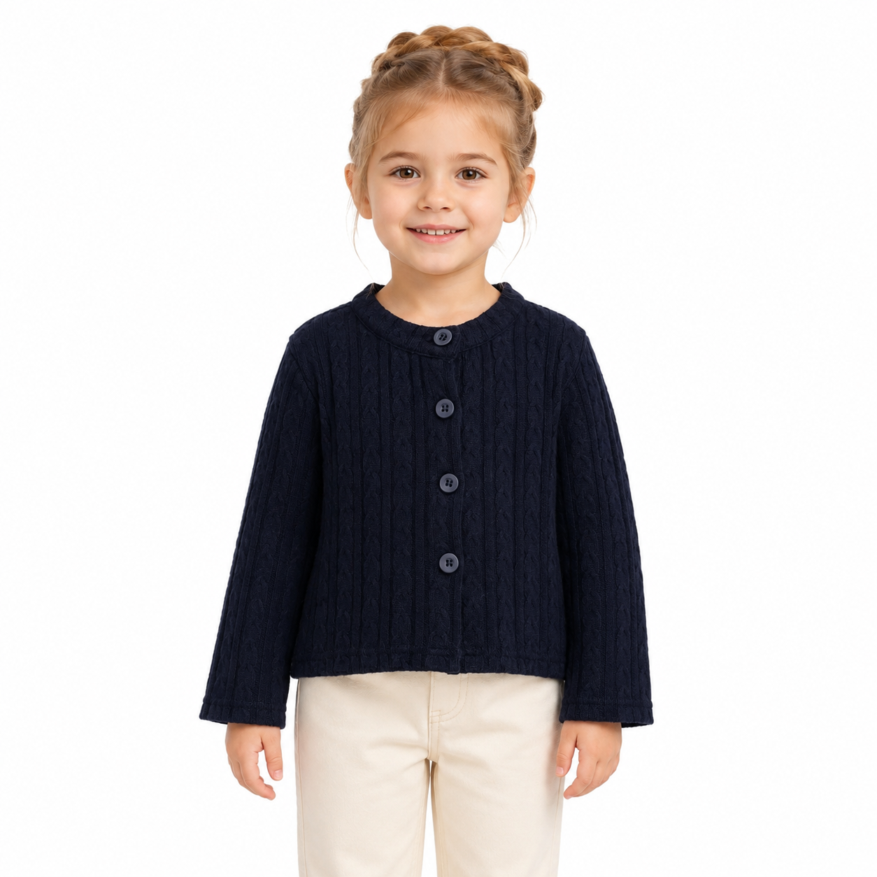 Girl model wearing the Navy cotton cable-knit cardigan.