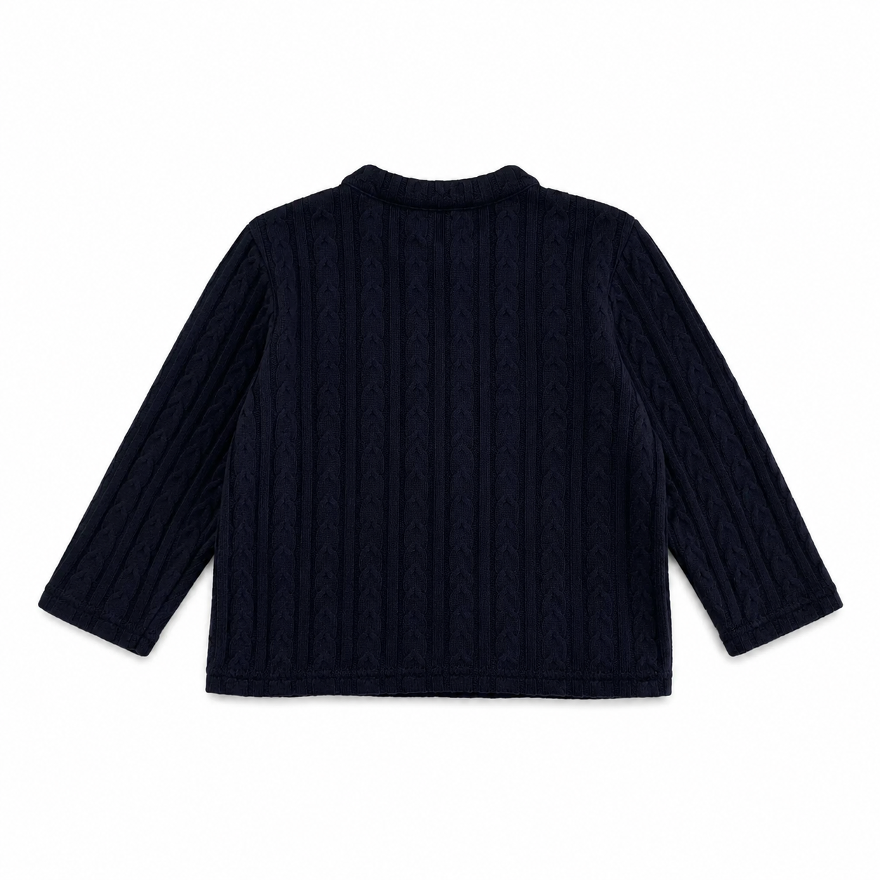 Back flat lay of the Navy girls cable-knit cardigan.