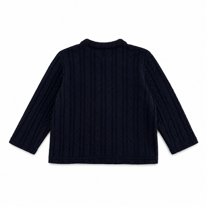 Back flat lay of the Navy girls cable-knit cardigan.