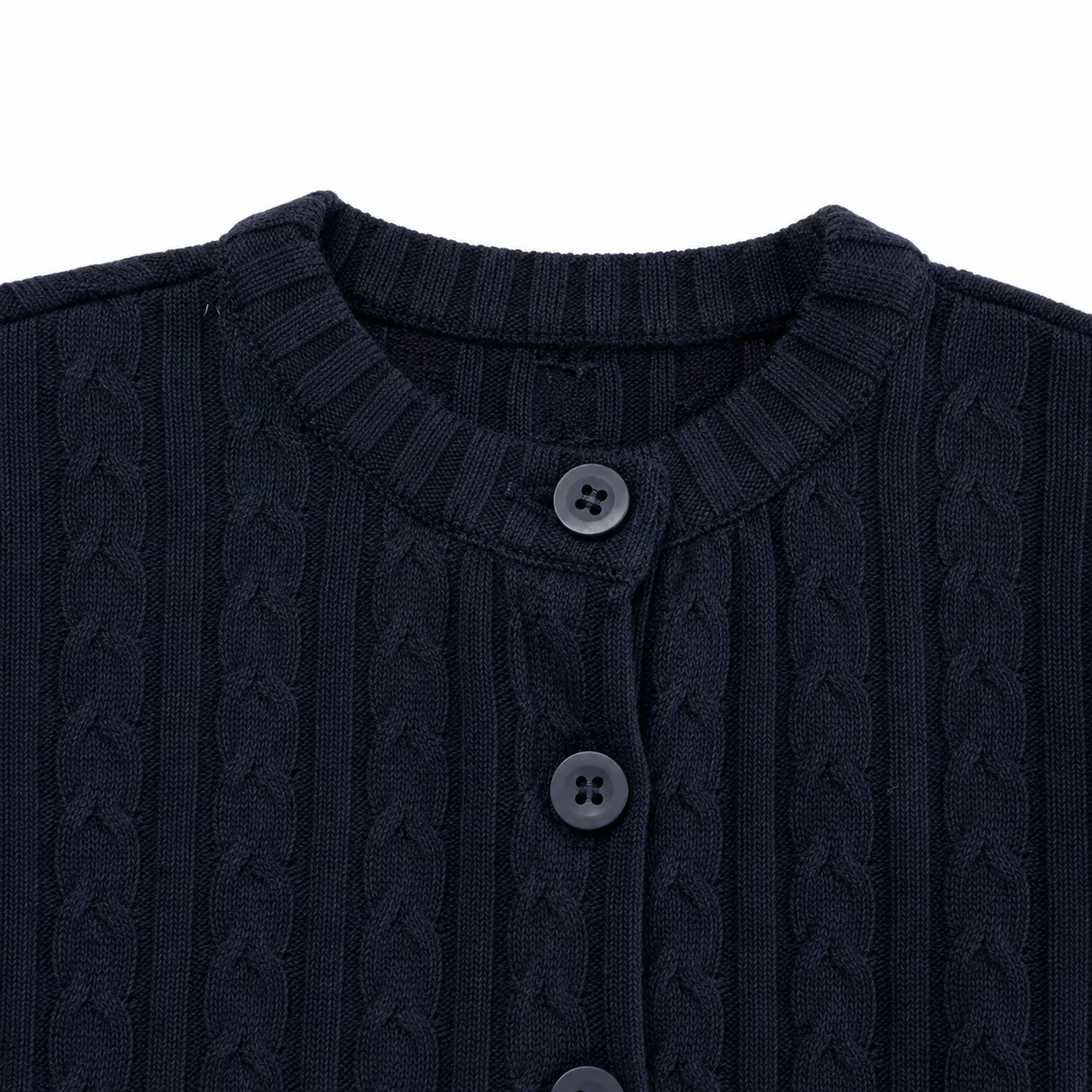 Close-up of the round neckline and button closure on the Navy cardigan.
