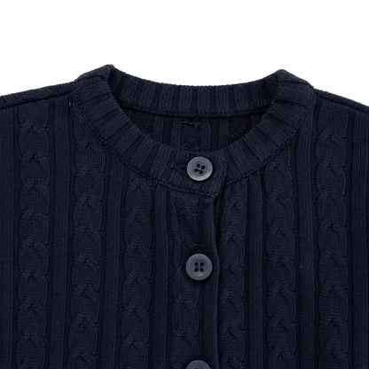 Close-up of the round neckline and button closure on the Navy cardigan.