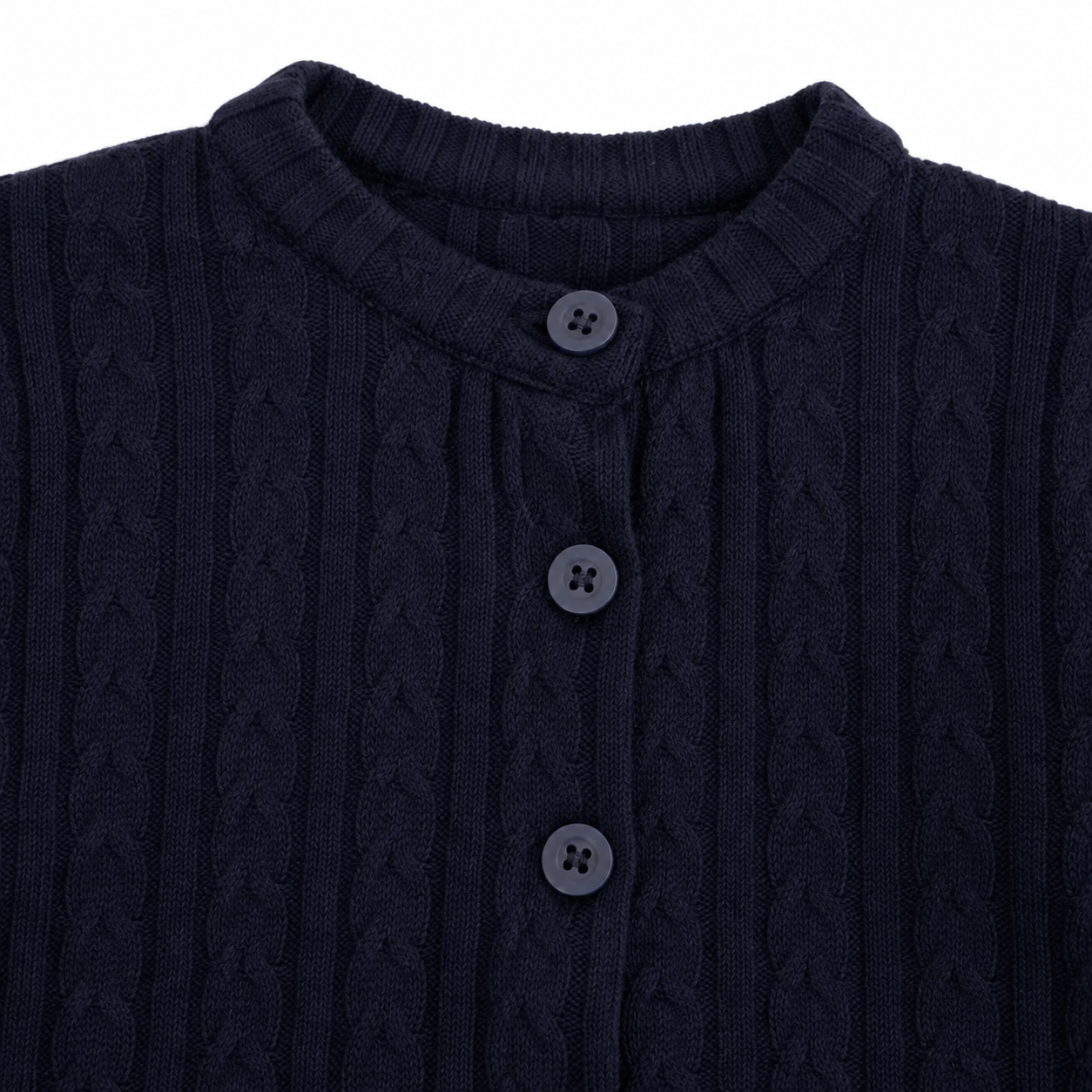 Close-up of the cable-knit pattern and front buttons on the Navy cardigan.