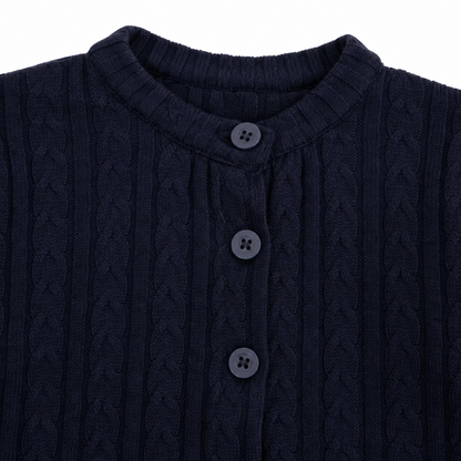 Close-up of the cable-knit pattern and front buttons on the Navy cardigan.