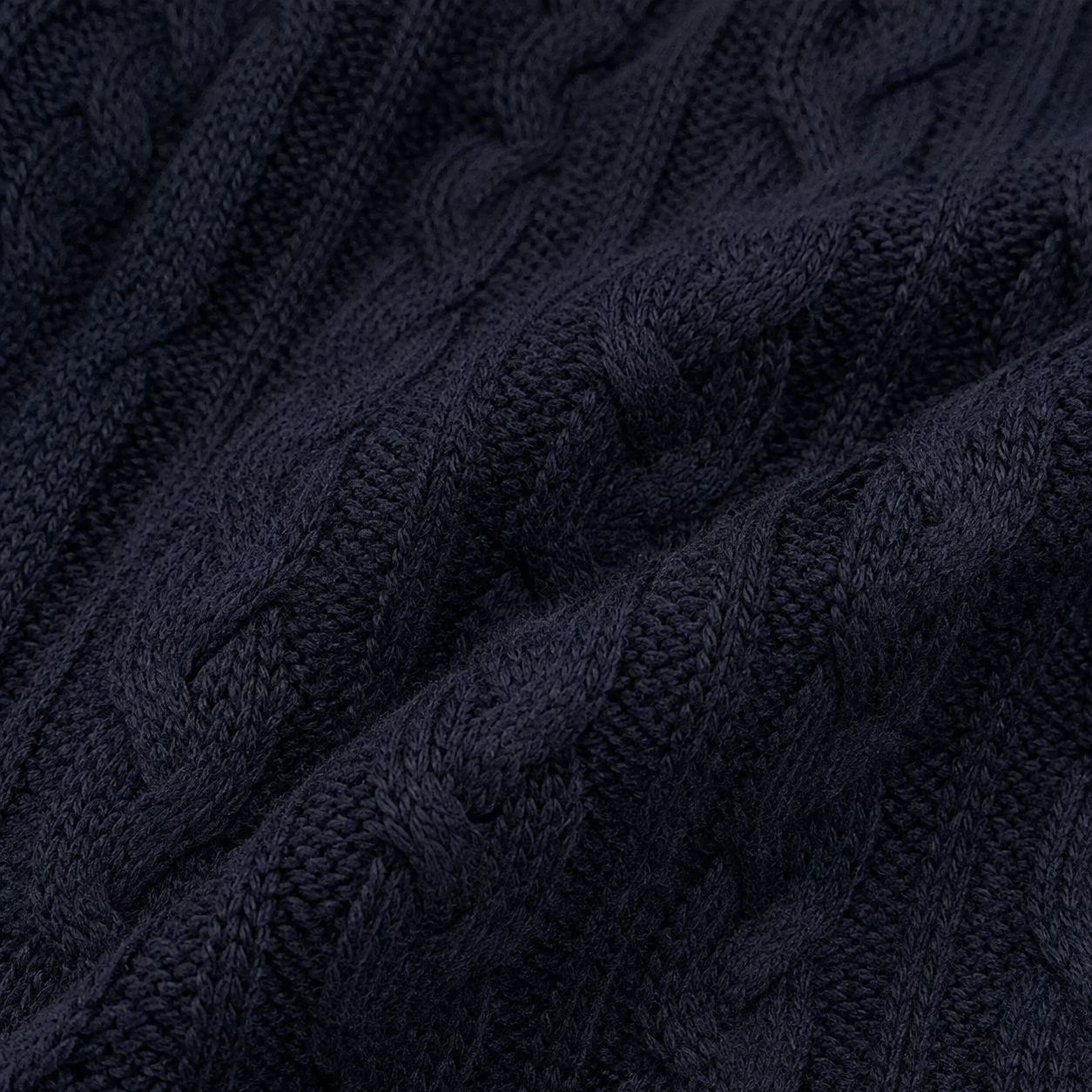 Close-up of the cable-knit cotton texture on the Navy cardigan.