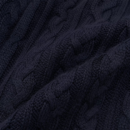 Close-up of the cable-knit cotton texture on the Navy cardigan.