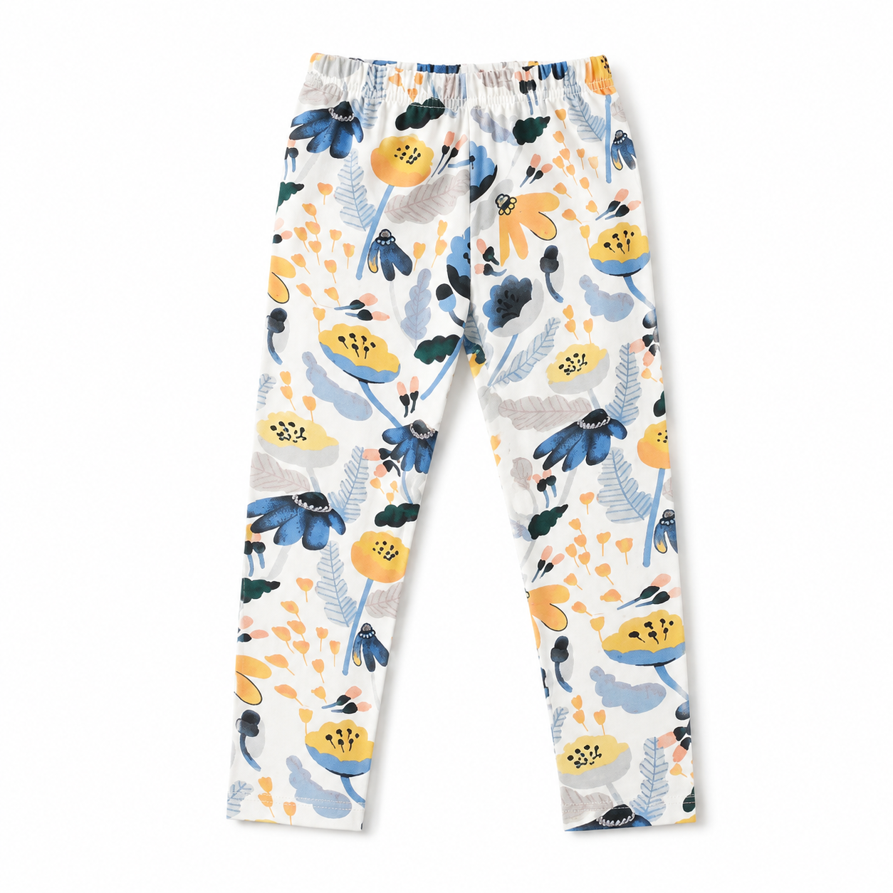 Front flat lay of the ivory floral girls cotton pull-on pants.